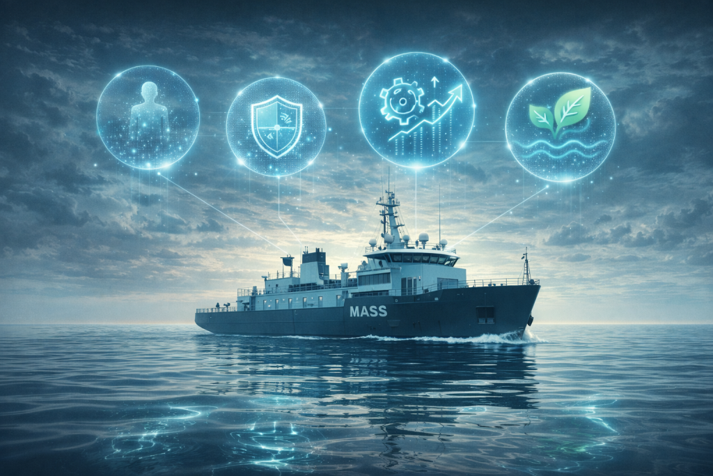 Modern Maritime Autonomous Surface Ship sailing on calm ocean waters with holographic icons representing reduced crew costs, enhanced navigation safety, improved operational efficiency, and lower environmental impact.