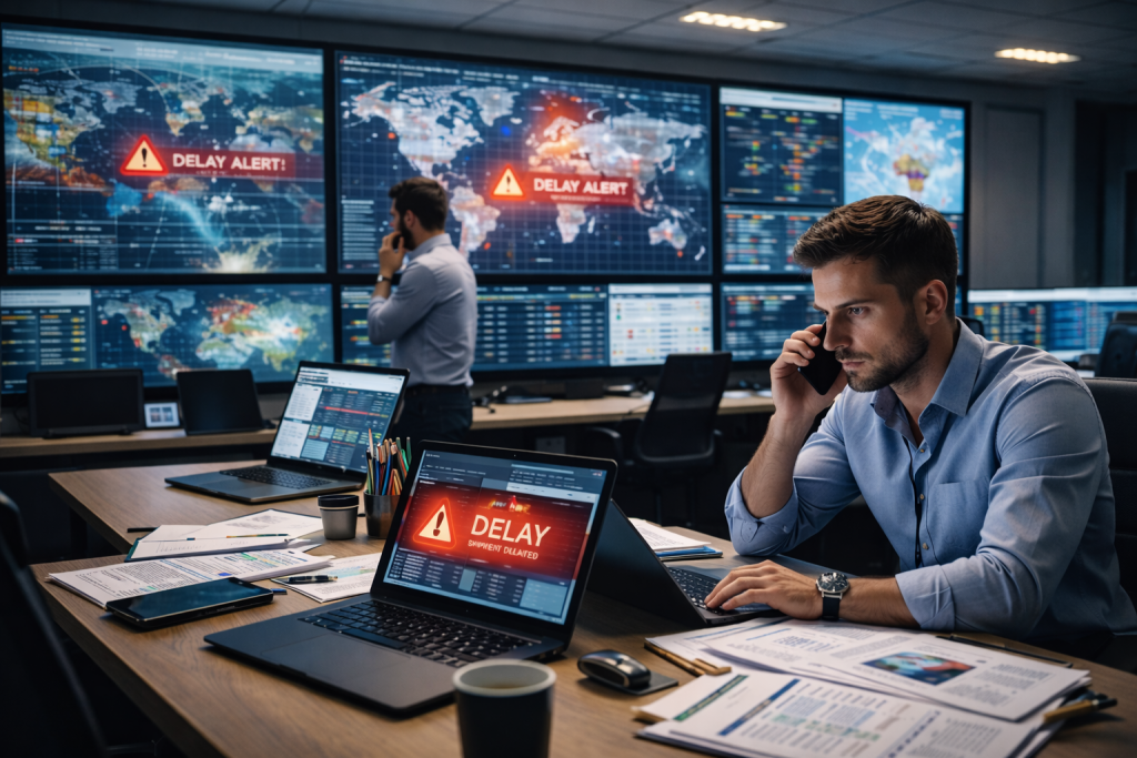 Shipping agency professionals coordinating cargo operations in a control room during a logistics disruption, with delay alerts on tracking screens.