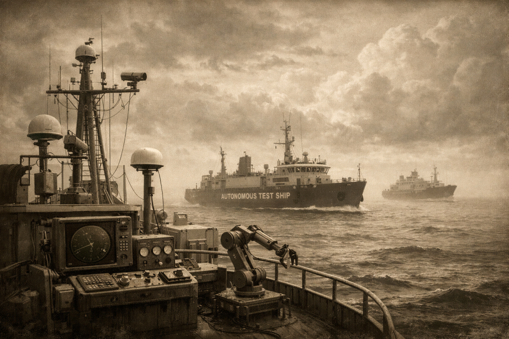 Historical illustration of early autonomous ships from the mid-2000s featuring experimental maritime automation systems, analog radar displays, mechanical control panels, early GPS antennas, and robotic equipment on research vessels at sea.
