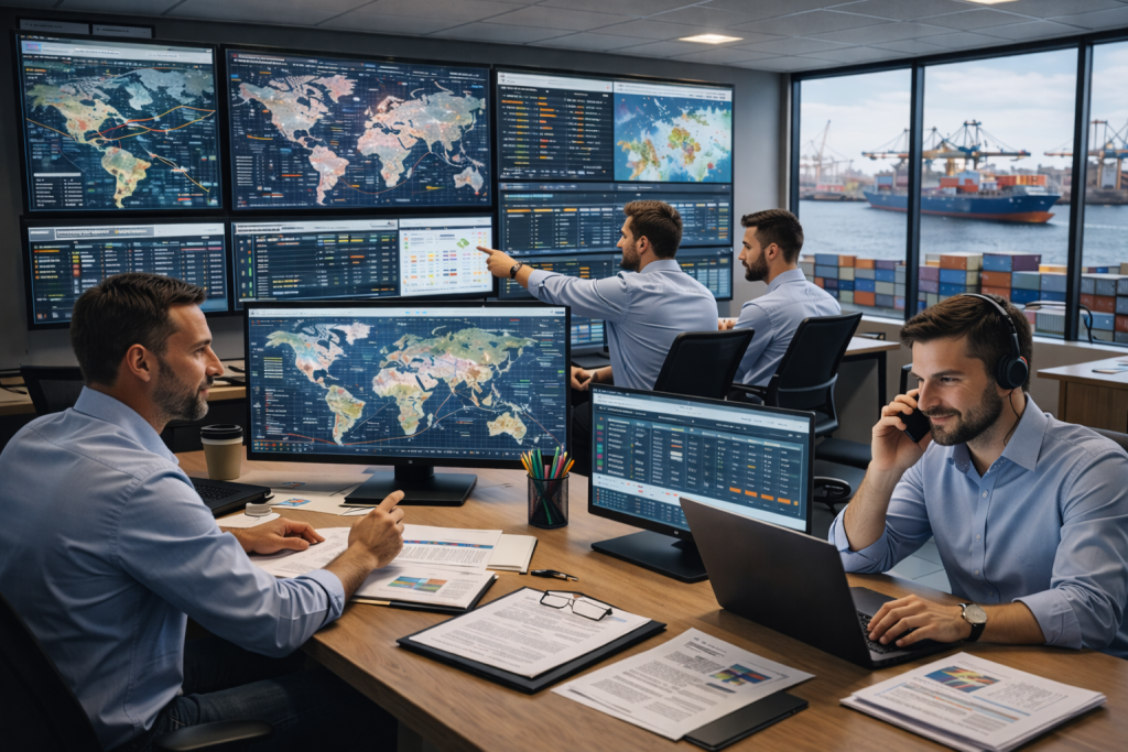 Logistics professionals managing global cargo operations with real-time tracking, performance analytics, and client communication in a modern shipping agency office.