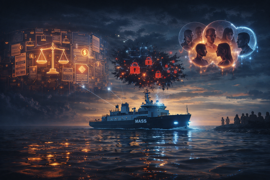 Futuristic autonomous ship at dusk surrounded by visual metaphors of legal regulations, cybersecurity threats, and human perception symbols, representing challenges facing autonomous maritime systems.