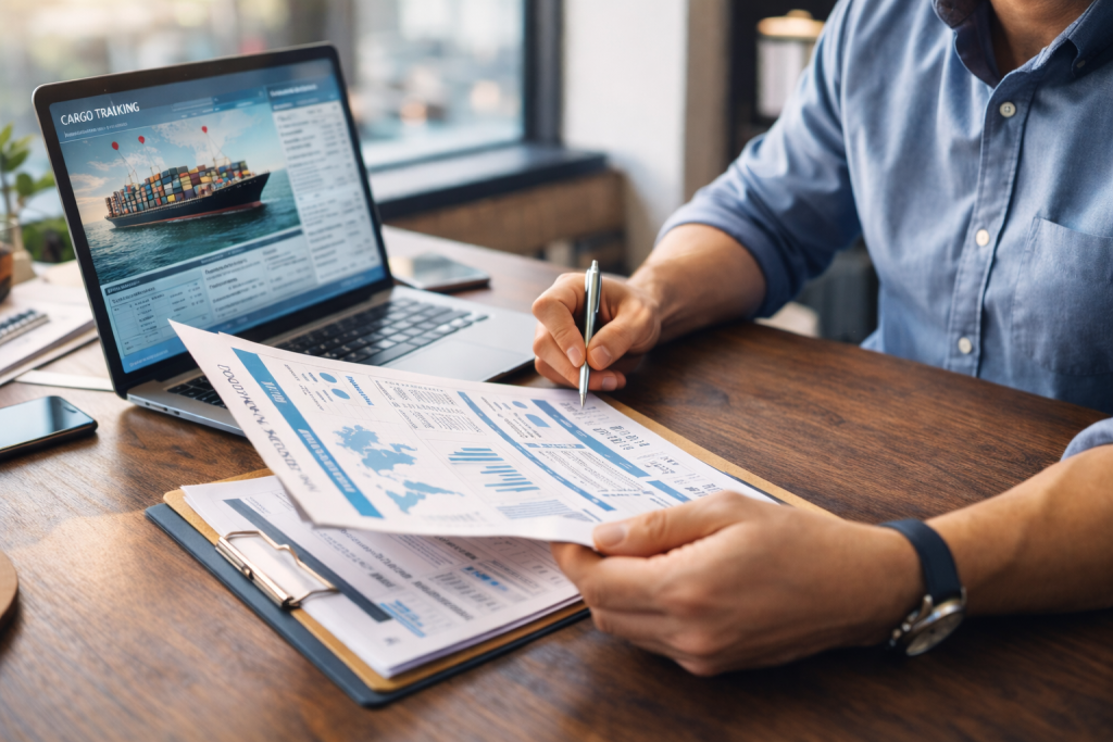 Shipping agent reviewing logistics documents while tracking cargo shipments on a laptop, illustrating professional freight management.