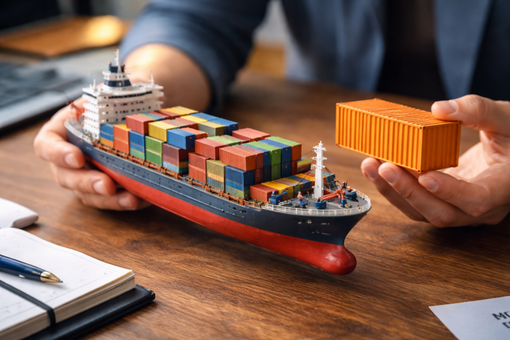 Close-up of hands presenting a container cargo ship model, symbolizing international shipping, supply chain, and logistics services.