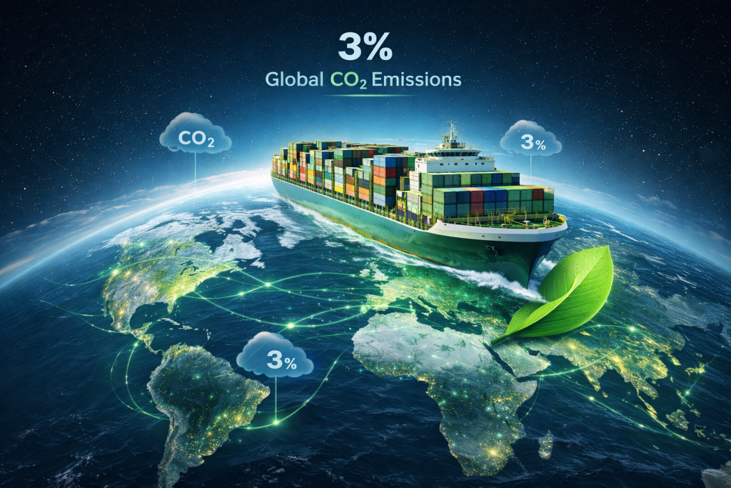 Global maritime transport CO₂ emissions illustrated with container ship, green shipping routes and sustainability concept