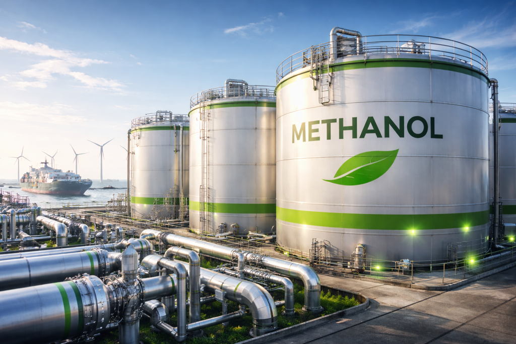 Industrial green methanol storage tanks at a maritime facility, representing clean fuel and sustainable green shipping