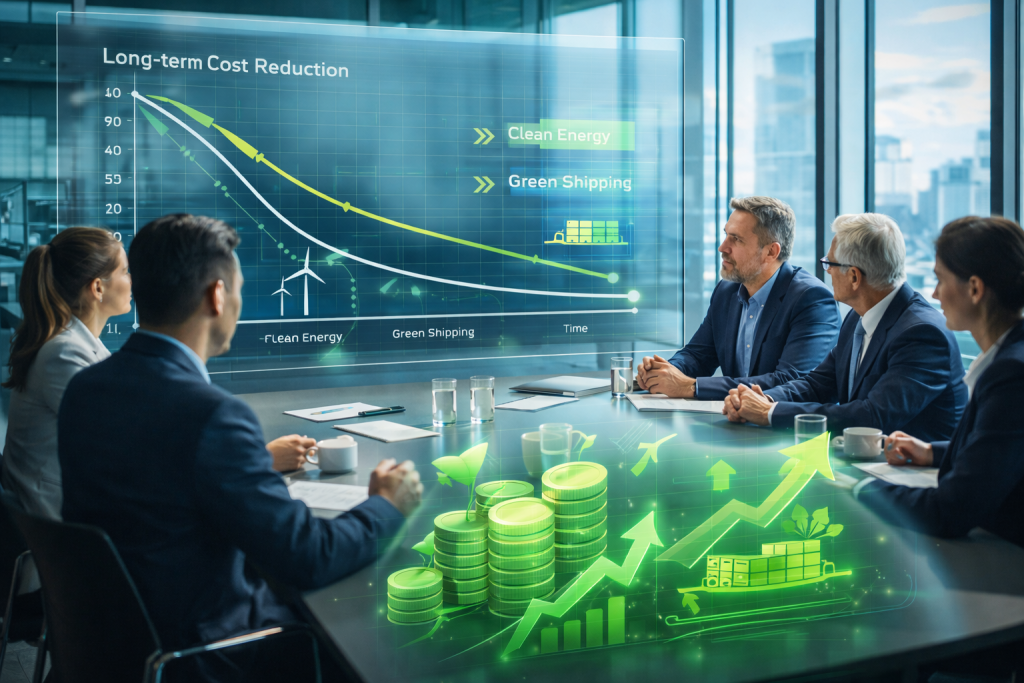 Business meeting showing long-term cost reduction chart through Green Shipping with green investment icons and maritime sustainability concept